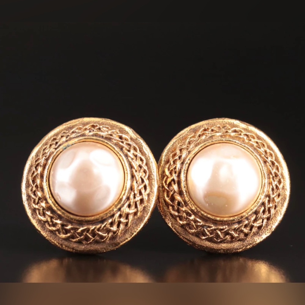 Vintage Chanel Braided Gold and Faux Pearl Earrings.